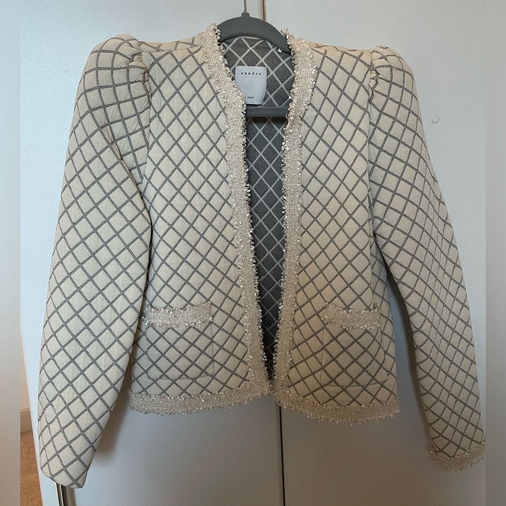 Sandro cream and silver puff shoulder jacket